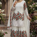 Premium Off White Fendy Silk Floral Embroidered Sharara Suit with Dupatta
