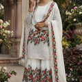 Premium Off White Fendy Silk Floral Embroidered Sharara Suit with Dupatta