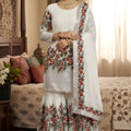 Premium Off White Fendy Silk Floral Embroidered Sharara Suit with Dupatta