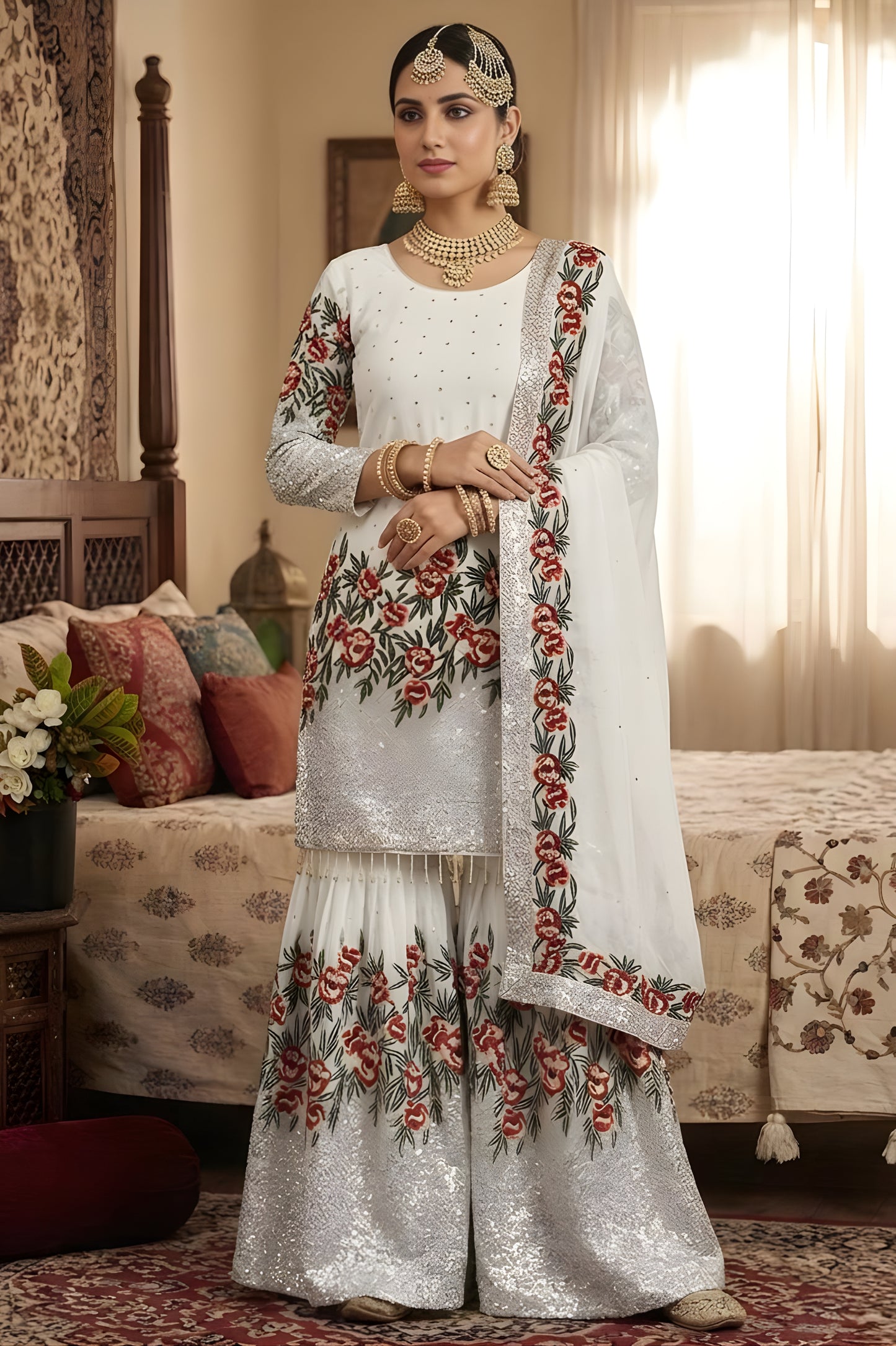 Premium Off White Fendy Silk Floral Embroidered Sharara Suit with Dupatta