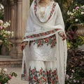 Premium Off White Fendy Silk Floral Embroidered Sharara Suit with Dupatta