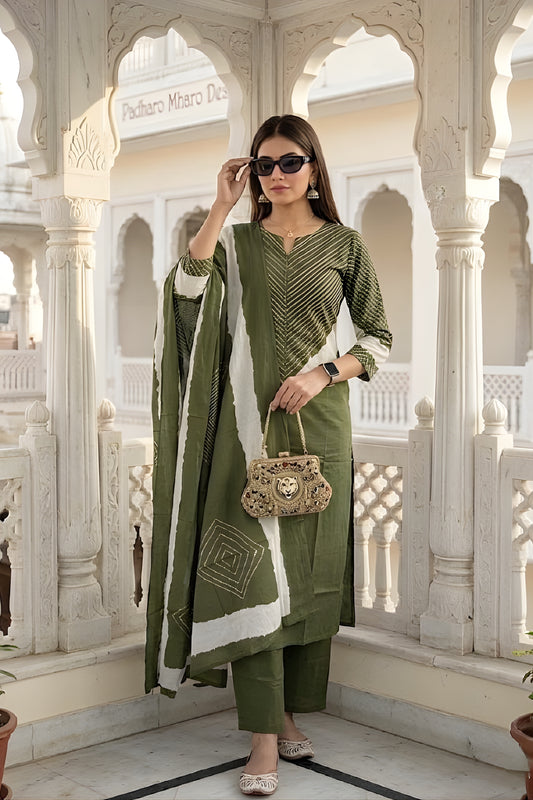 Elegant Olive Green Readymade Straight Salwar Suit with Dupatta for Women