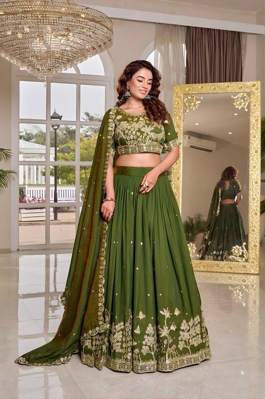 Elegant Olive Green Vichitra Silk Embroidered Lehenga Choli with Dupatta for Women