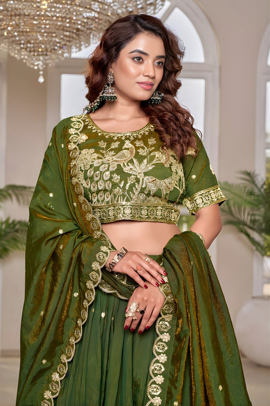 Elegant Olive Green Vichitra Silk Embroidered Lehenga Choli with Dupatta for Women