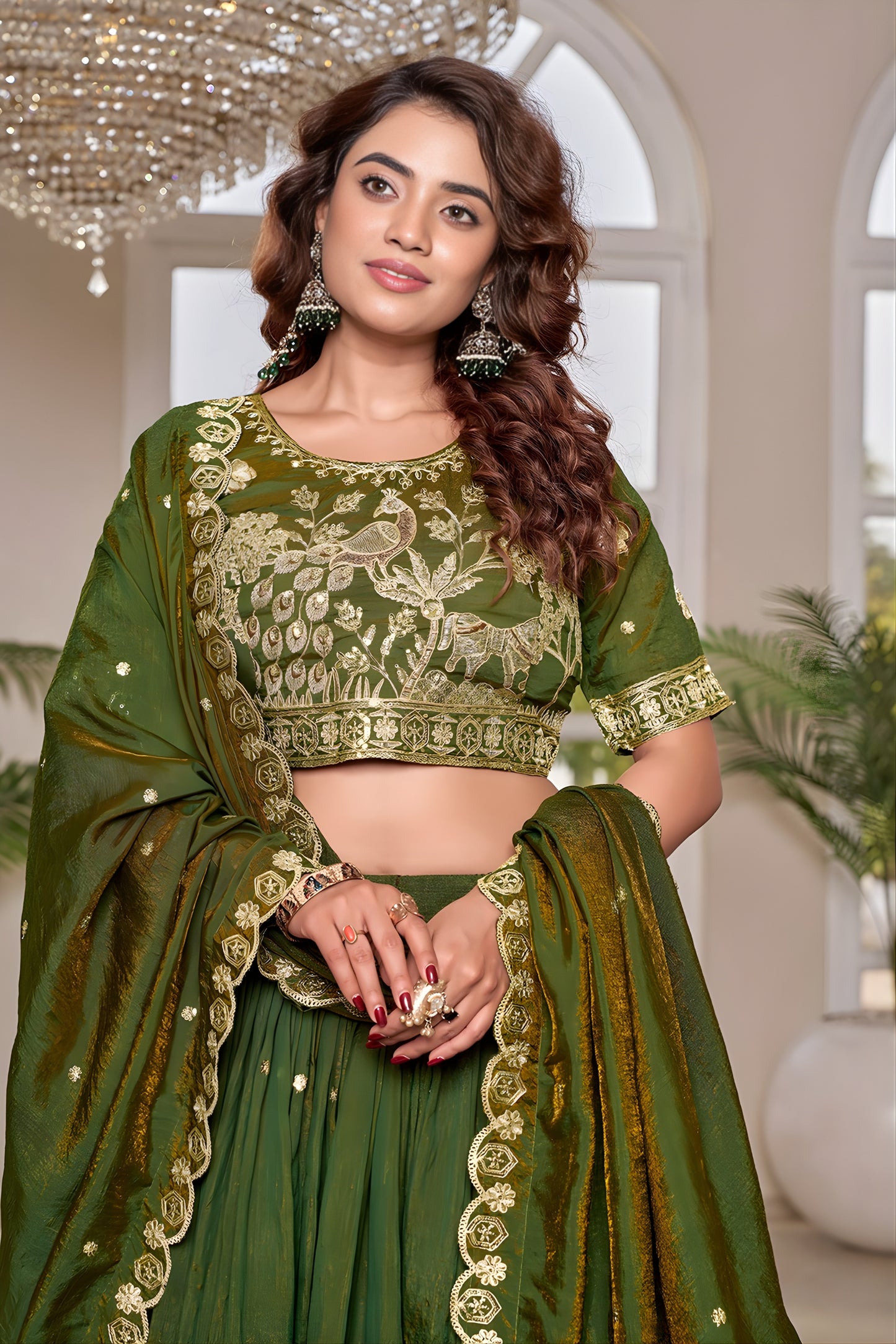 Elegant Olive Green Vichitra Silk Embroidered Lehenga Choli with Dupatta for Women