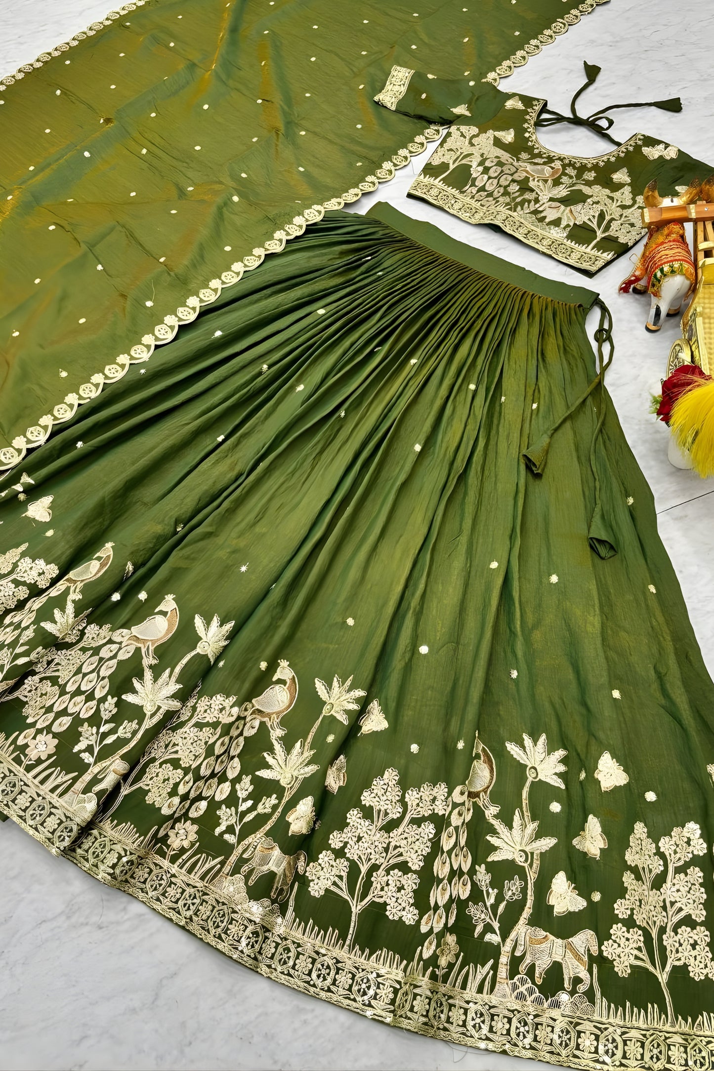 Elegant Olive Green Vichitra Silk Embroidered Lehenga Choli with Dupatta for Women