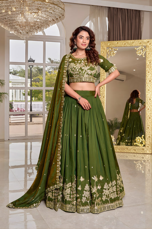 Elegant Olive Green Vichitra Silk Embroidered Lehenga Choli with Dupatta for Women