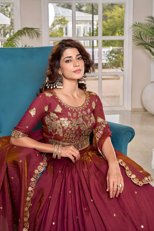 Superb Pink Vichitra Silk Embroidered Lehenga Choli with Dupatta for Women