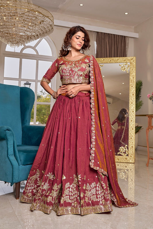 Superb Pink Vichitra Silk Embroidered Lehenga Choli with Dupatta for Women