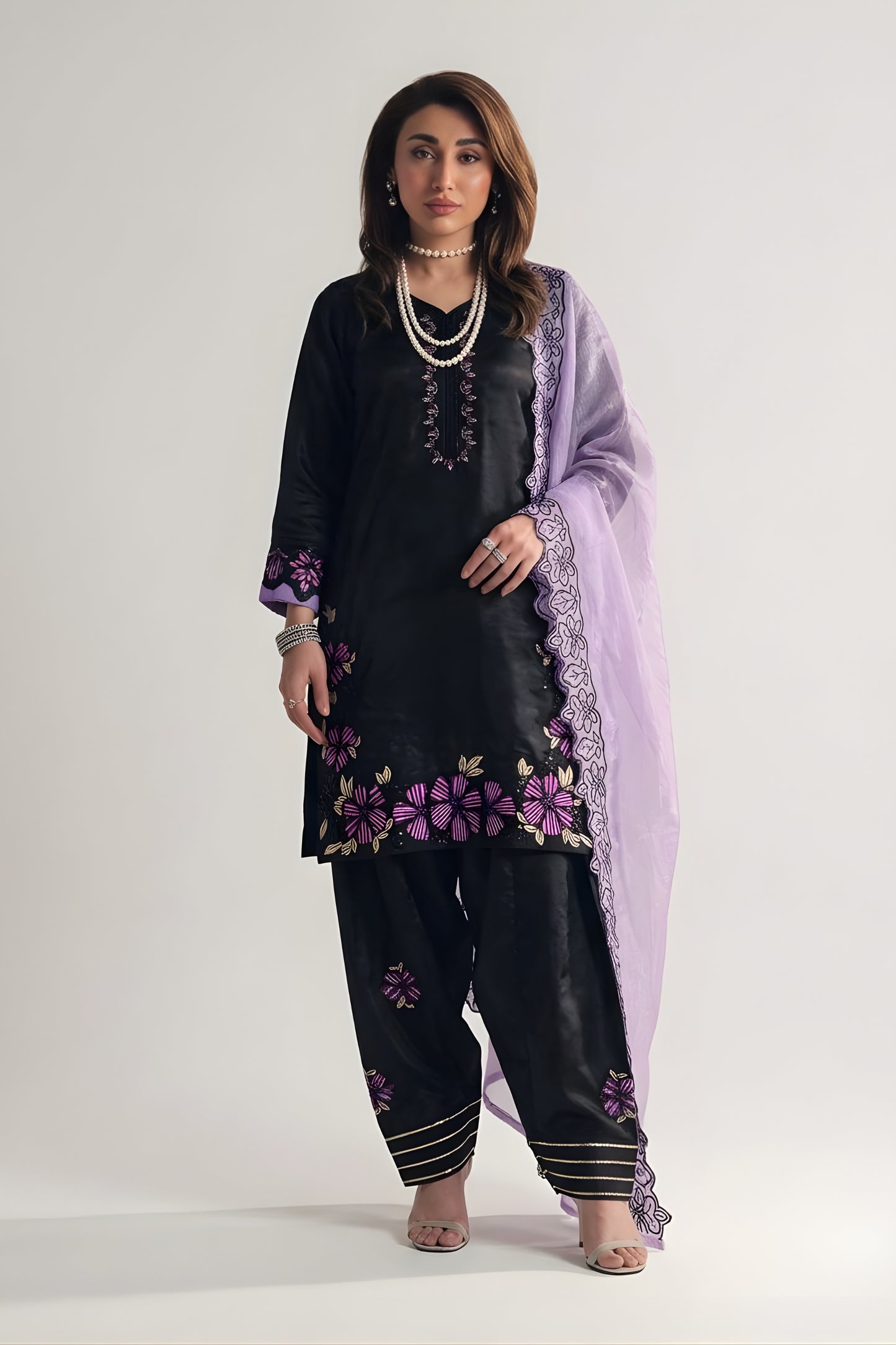 Stunning Black Roman Glass Silk Embroidered Readymade Salwar Suit with Dupatta for Women