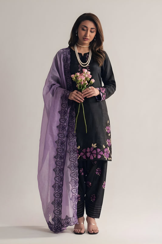 Stunning Black Roman Glass Silk Embroidered Readymade Salwar Suit with Dupatta for Women