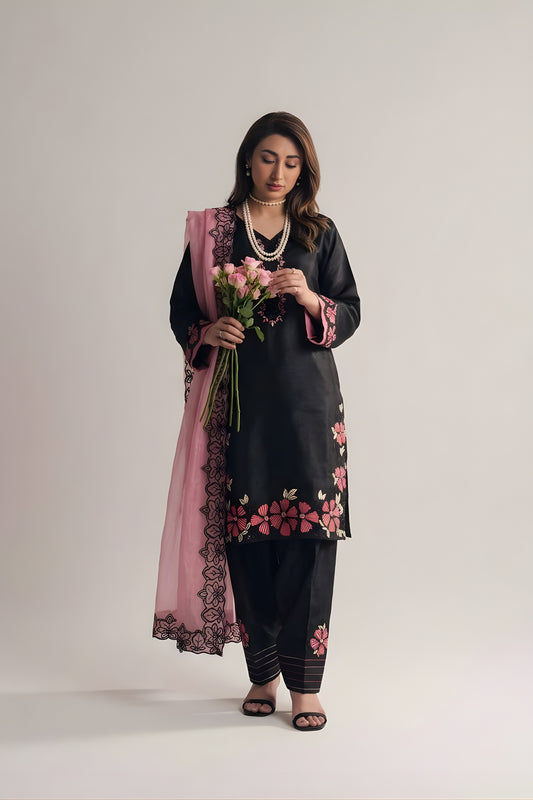 Beautiful Black Roman Glass Silk Embroidered Readymade Salwar Suit with Pink Dupatta for Women