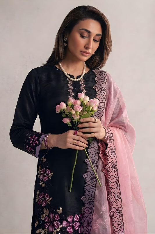 Beautiful Black Roman Glass Silk Embroidered Readymade Salwar Suit with Pink Dupatta for Women