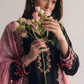 Beautiful Black Roman Glass Silk Embroidered Readymade Salwar Suit with Pink Dupatta for Women