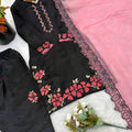 Beautiful Black Roman Glass Silk Embroidered Readymade Salwar Suit with Pink Dupatta for Women