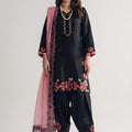Beautiful Black Roman Glass Silk Embroidered Readymade Salwar Suit with Pink Dupatta for Women
