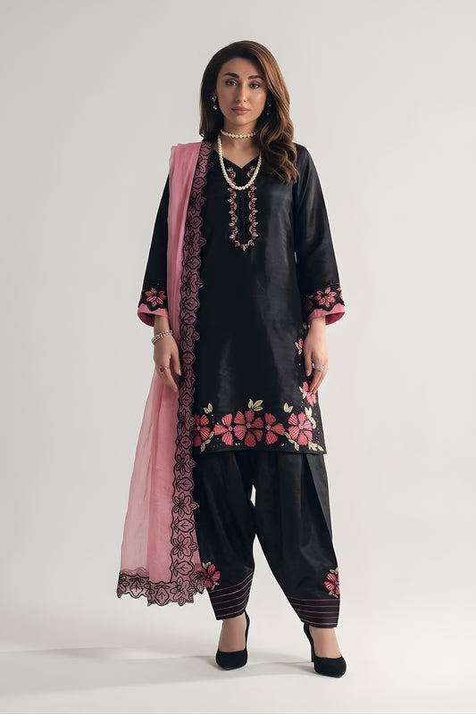 Beautiful Black Roman Glass Silk Embroidered Readymade Salwar Suit with Pink Dupatta for Women