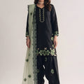 Elegant Black Roman Glass Silk Embroidered Readymade Salwar Suit with Green Dupatta for Women
