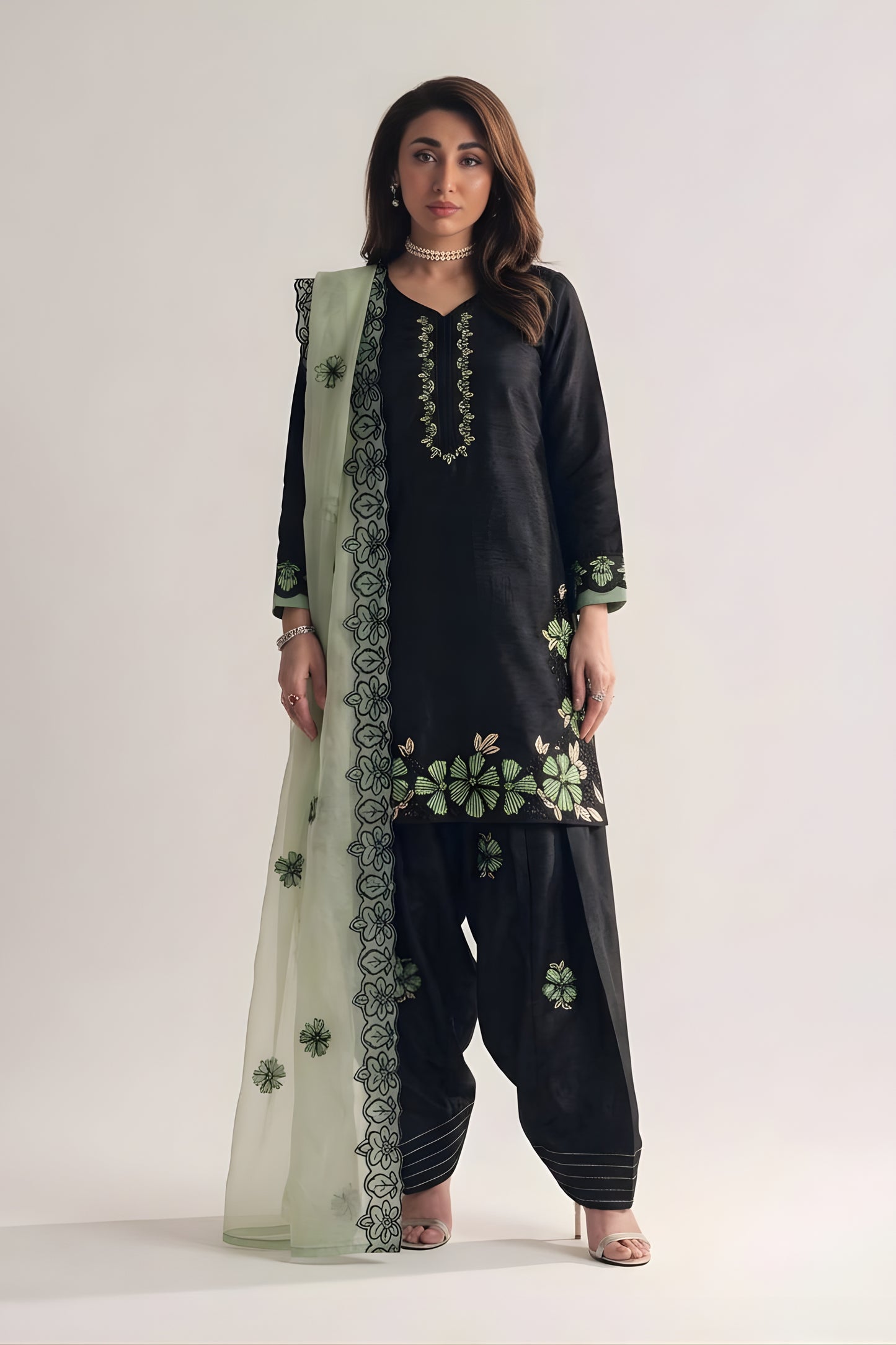 Elegant Black Roman Glass Silk Embroidered Readymade Salwar Suit with Green Dupatta for Women