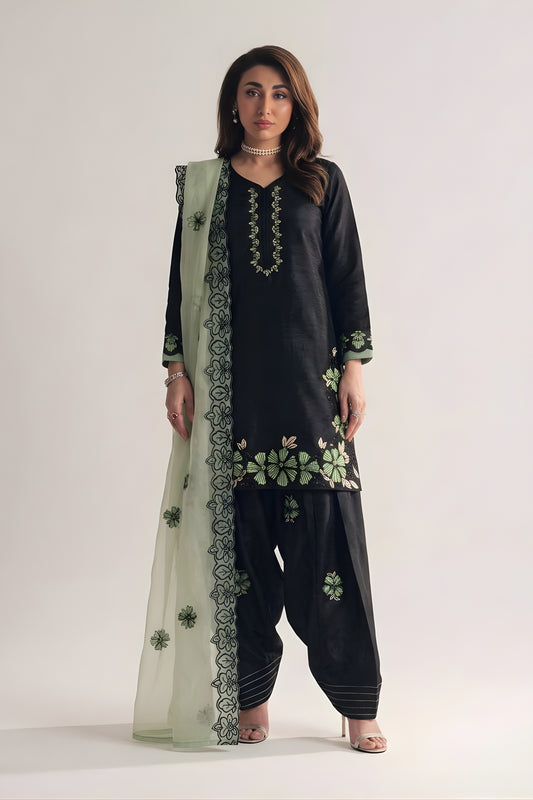 Elegant Black Roman Glass Silk Embroidered Readymade Salwar Suit with Green Dupatta for Women