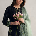 Elegant Black Roman Glass Silk Embroidered Readymade Salwar Suit with Green Dupatta for Women