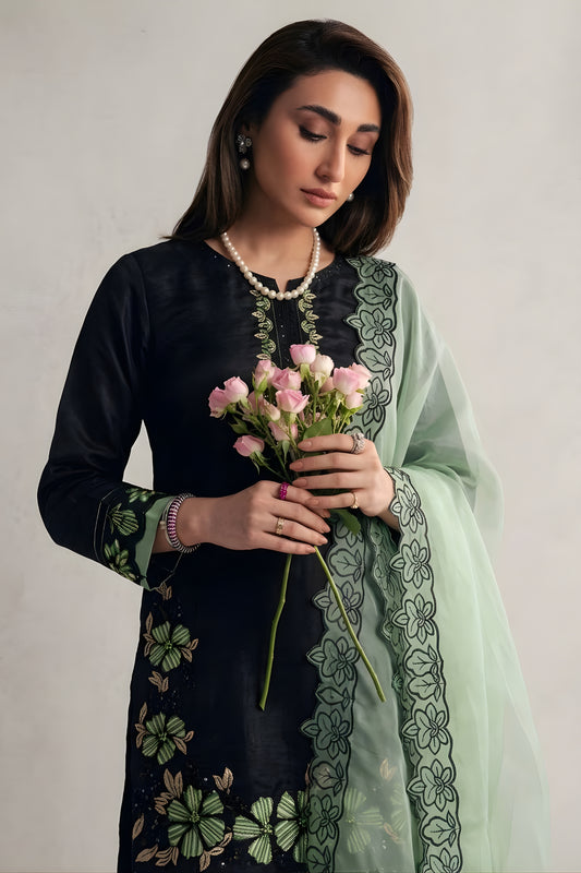Elegant Black Roman Glass Silk Embroidered Readymade Salwar Suit with Green Dupatta for Women