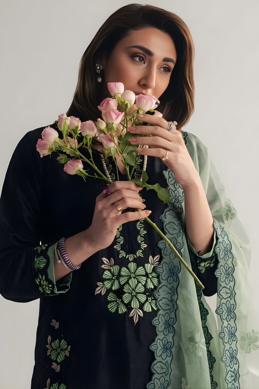 Elegant Black Roman Glass Silk Embroidered Readymade Salwar Suit with Green Dupatta for Women