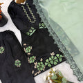 Elegant Black Roman Glass Silk Embroidered Readymade Salwar Suit with Green Dupatta for Women