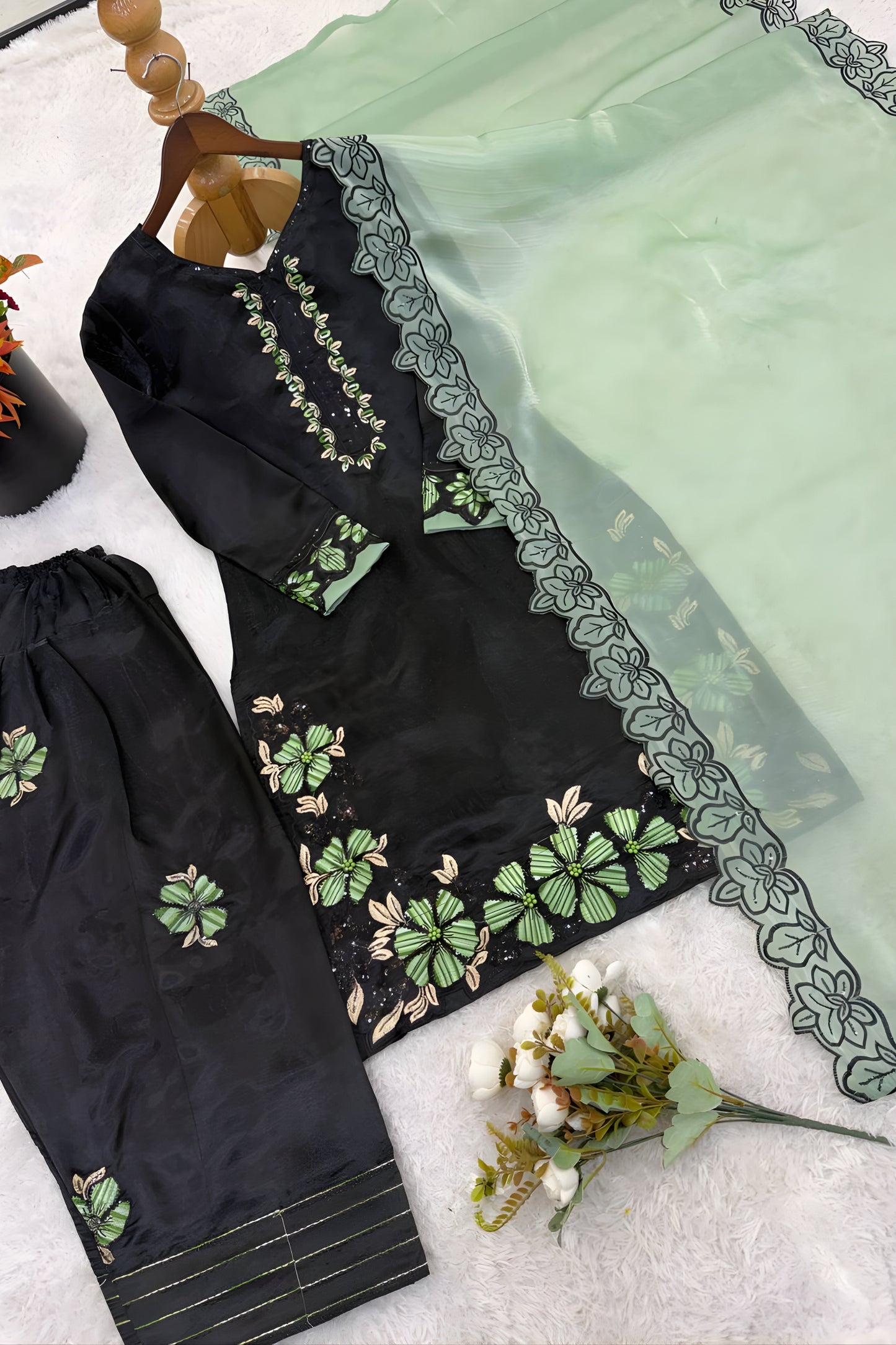 Elegant Black Roman Glass Silk Embroidered Readymade Salwar Suit with Green Dupatta for Women