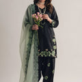 Elegant Black Roman Glass Silk Embroidered Readymade Salwar Suit with Green Dupatta for Women