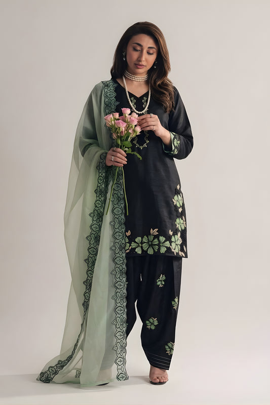 Elegant Black Roman Glass Silk Embroidered Readymade Salwar Suit with Green Dupatta for Women