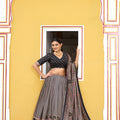 Elegant Grey Tasar Silk Printed Lehenga Choli with Black Blouse and Dupatta for Women