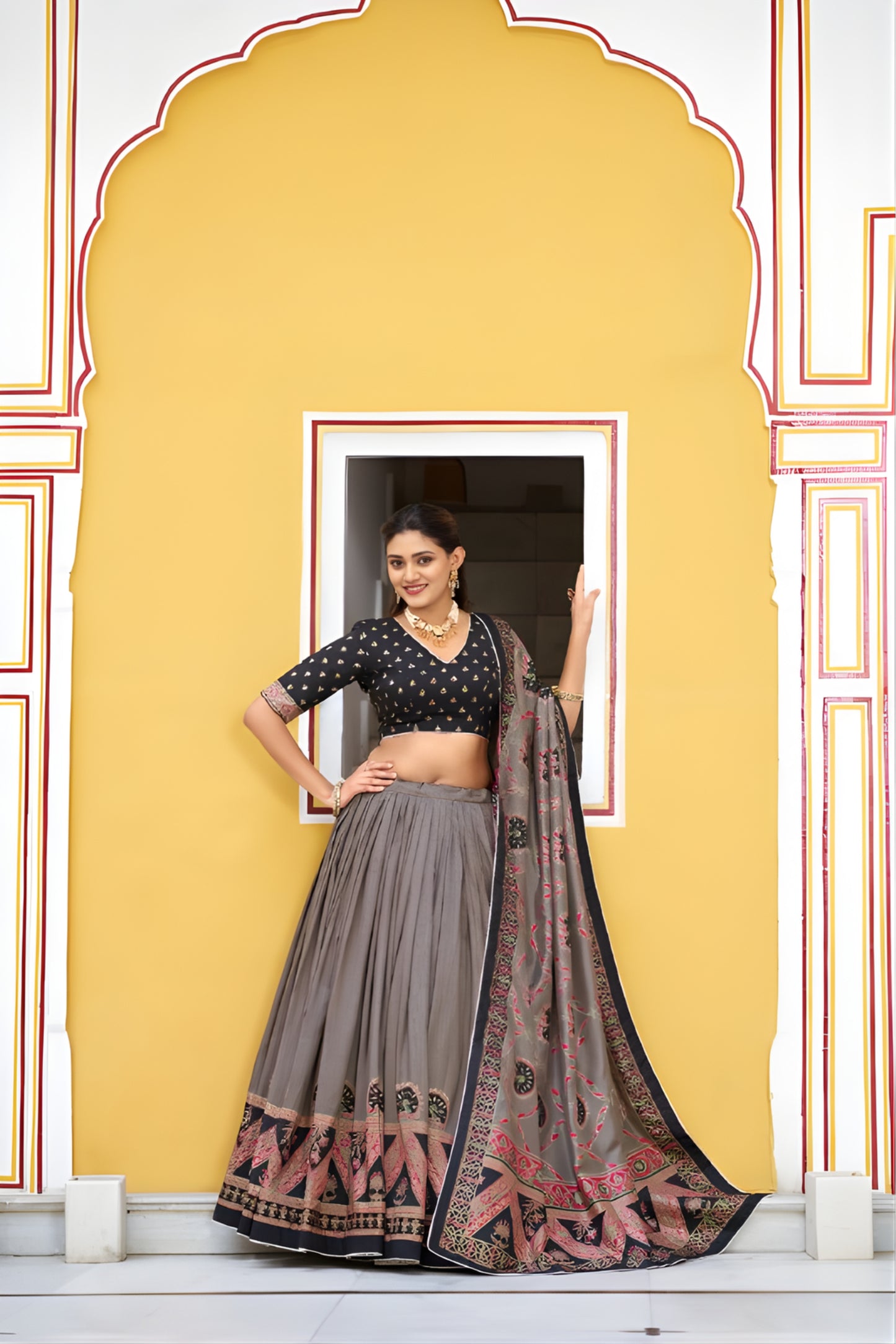 Elegant Grey Tasar Silk Printed Lehenga Choli with Black Blouse and Dupatta for Women