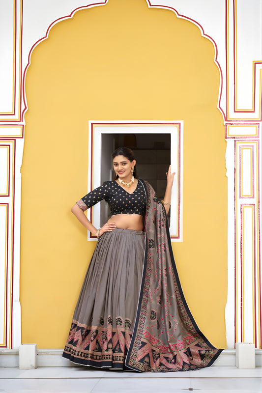 Elegant Grey Tasar Silk Printed Lehenga Choli with Black Blouse and Dupatta for Women