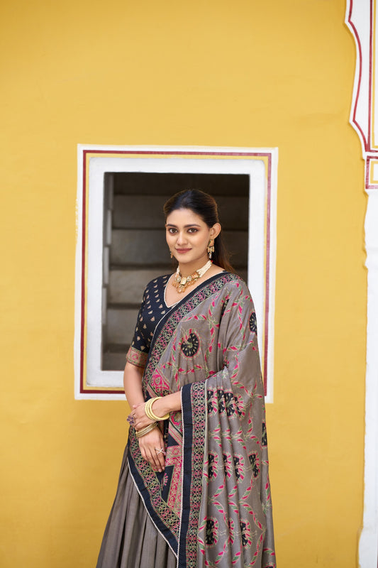 Elegant Grey Tasar Silk Printed Lehenga Choli with Black Blouse and Dupatta for Women