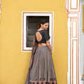 Elegant Grey Tasar Silk Printed Lehenga Choli with Black Blouse and Dupatta for Women