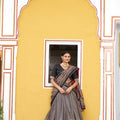 Elegant Grey Tasar Silk Printed Lehenga Choli with Black Blouse and Dupatta for Women