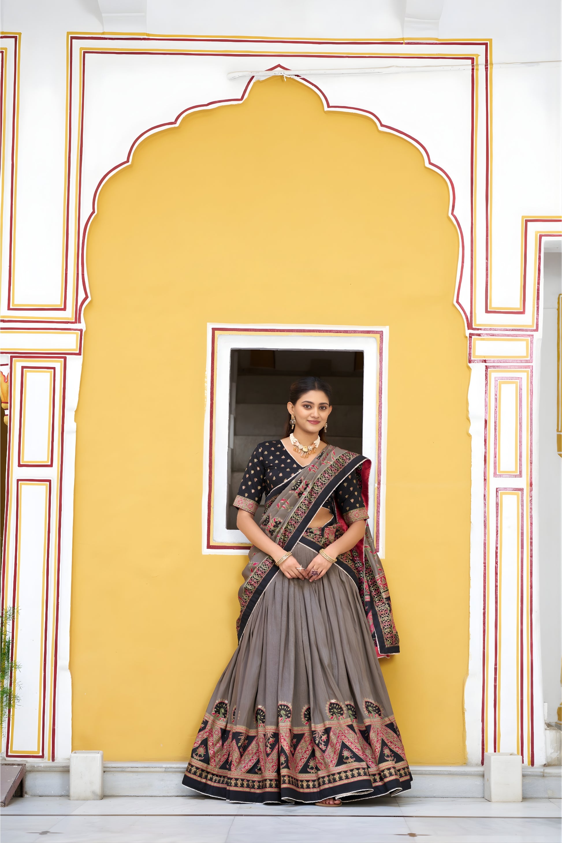Elegant Grey Tasar Silk Printed Lehenga Choli with Black Blouse and Dupatta for Women