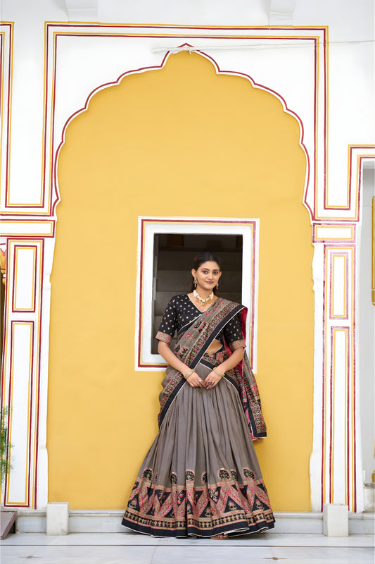 Elegant Grey Tasar Silk Printed Lehenga Choli with Black Blouse and Dupatta for Women