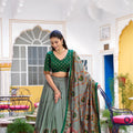 Stylish Mehendi Green Tasar Silk Printed Lehenga Choli with Blouse and Dupatta for Women