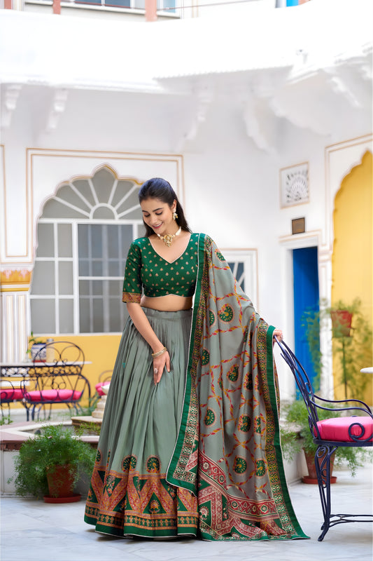 Stylish Mehendi Green Tasar Silk Printed Lehenga Choli with Blouse and Dupatta for Women