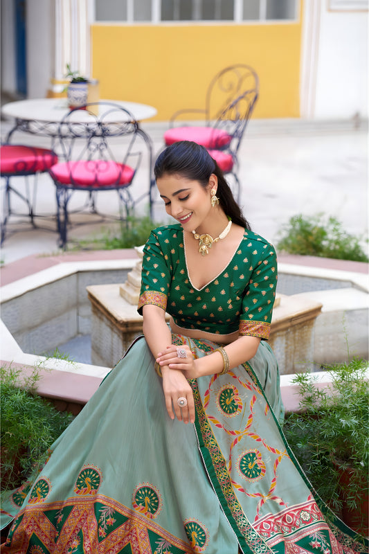 Stylish Mehendi Green Tasar Silk Printed Lehenga Choli with Blouse and Dupatta for Women