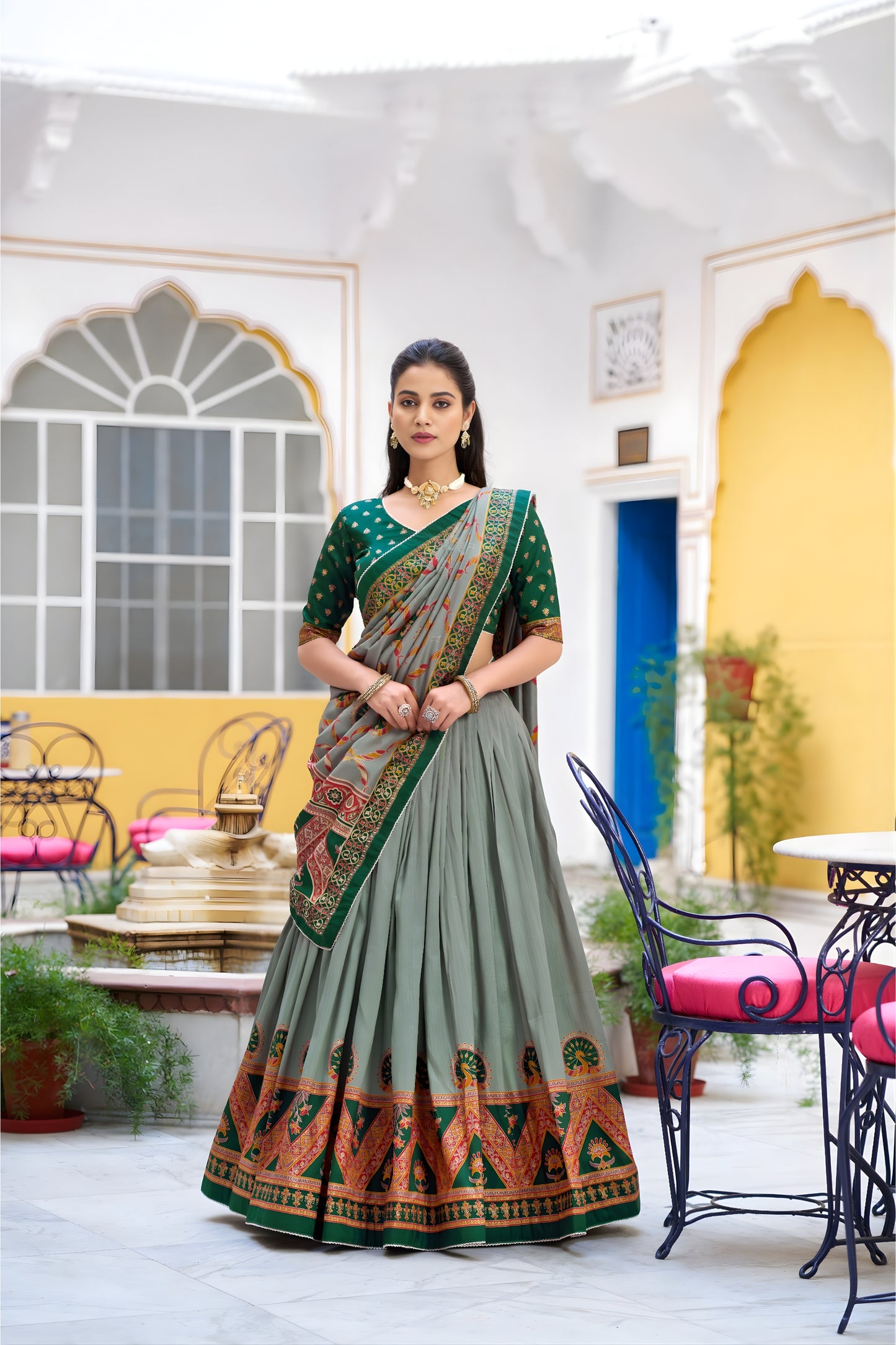 Stylish Mehendi Green Tasar Silk Printed Lehenga Choli with Blouse and Dupatta for Women