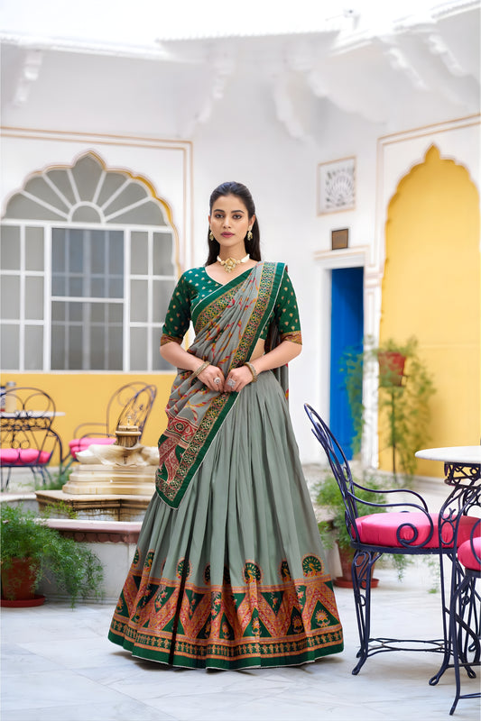 Stylish Mehendi Green Tasar Silk Printed Lehenga Choli with Blouse and Dupatta for Women