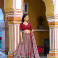 Trendy Brown Tasar Silk Printed Lehenga Choli with Red Blouse and Dupatta for Women