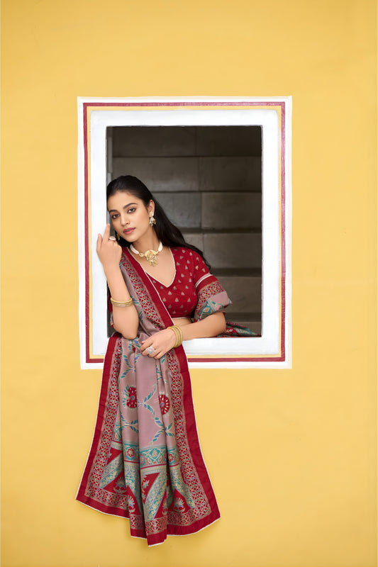 Trendy Brown Tasar Silk Printed Lehenga Choli with Red Blouse and Dupatta for Women