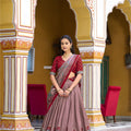 Trendy Brown Tasar Silk Printed Lehenga Choli with Red Blouse and Dupatta for Women