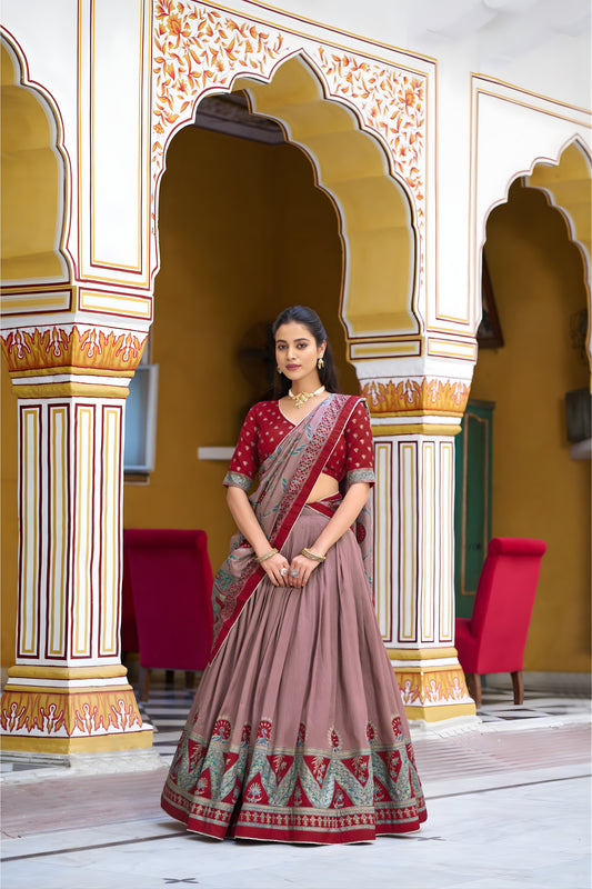 Trendy Brown Tasar Silk Printed Lehenga Choli with Red Blouse and Dupatta for Women