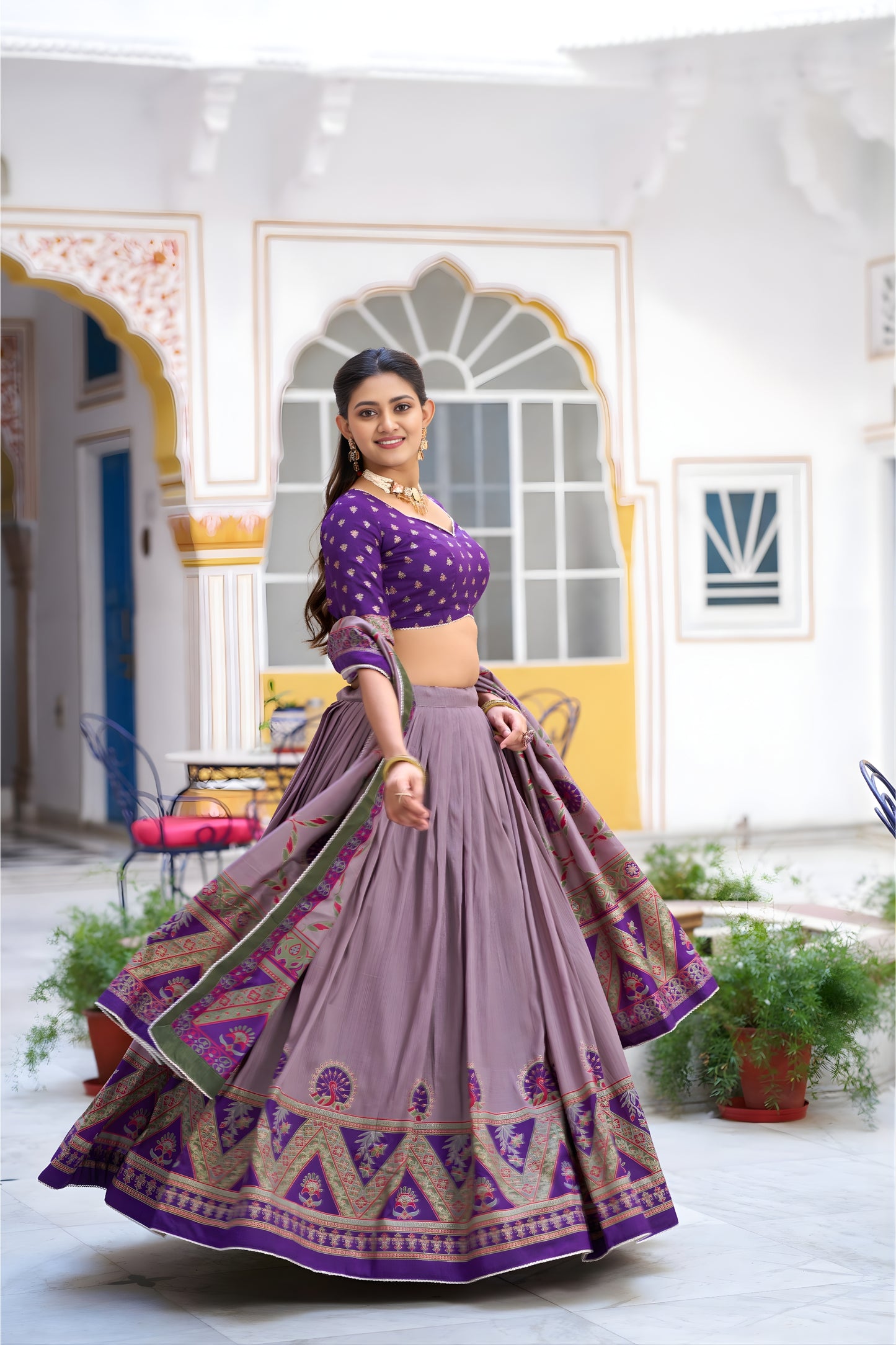 Impressive Lavender Tasar Silk Printed Lehenga Choli with Purple Blouse and Dupatta for Women