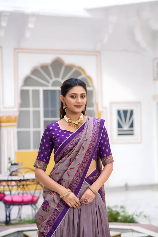 Impressive Lavender Tasar Silk Printed Lehenga Choli with Purple Blouse and Dupatta for Women